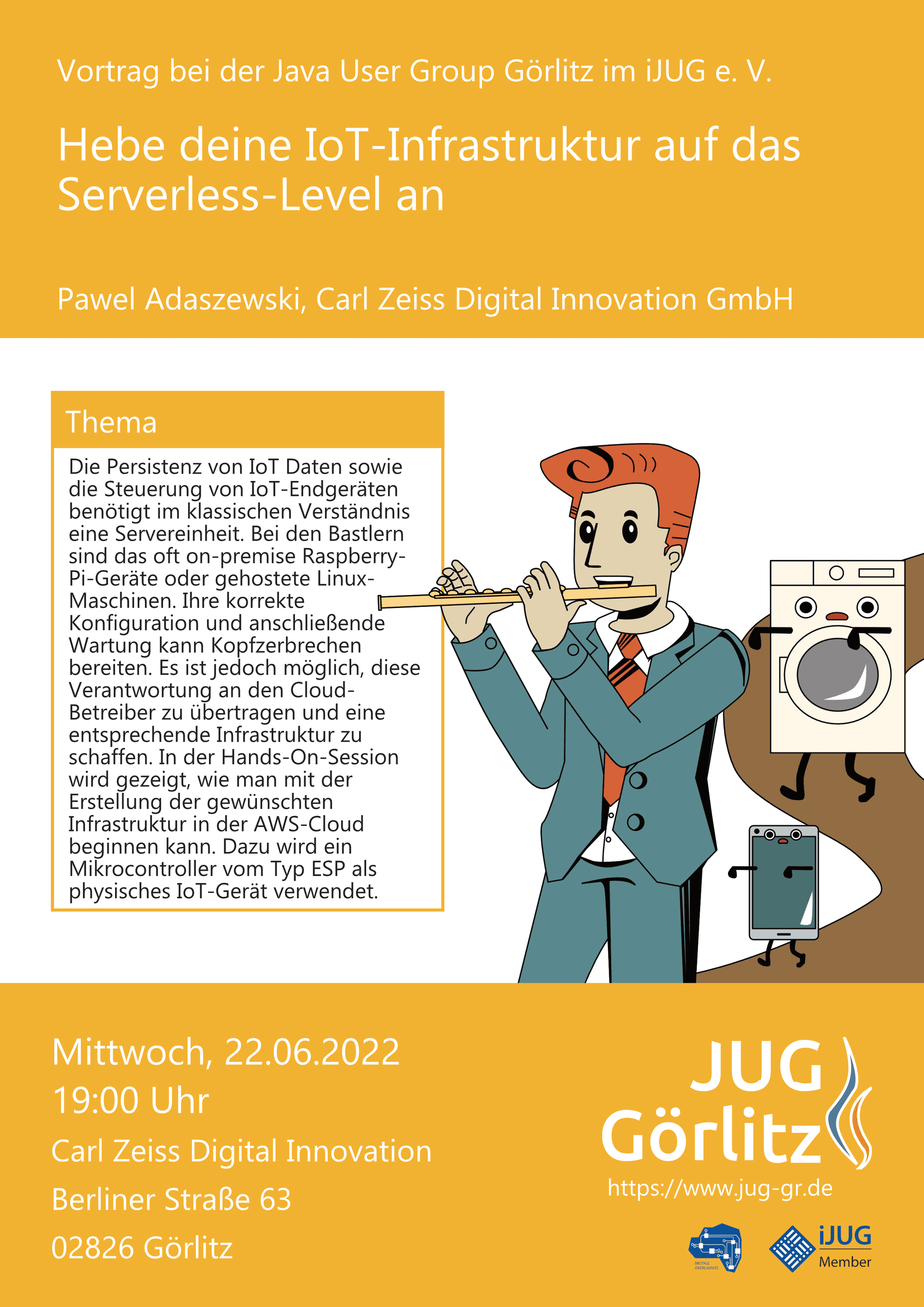 Poster: Jürgen spielt eine Flöte. Hinter ihm sieht man einen Weg auf dem Jürgen gelaufen kommt. Hinter ihm ist ein Smartphone und eine Waschmaschine, jeweils mit Armen, Beinen und Gesicht. Die Gesichter der Geräte sehen aus wie paralysiert und sie halten ihre Arme wie Zombies nach Vorn. Sie folgen Jürgen, so als wäre er der Rattenfänger von Hameln.