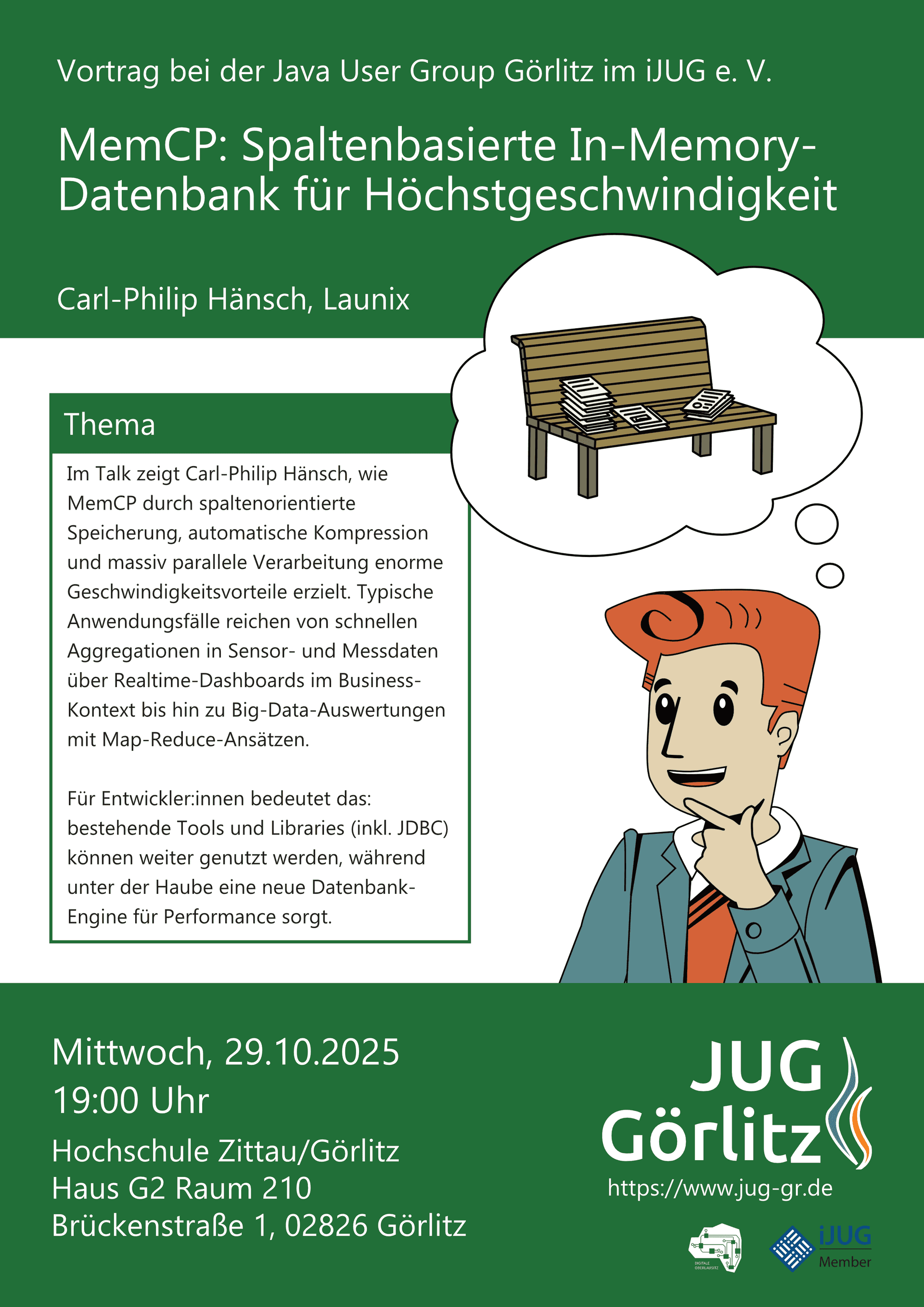 Poster: Jürgen denkt an eine Bank mit Zettelstapeln.
