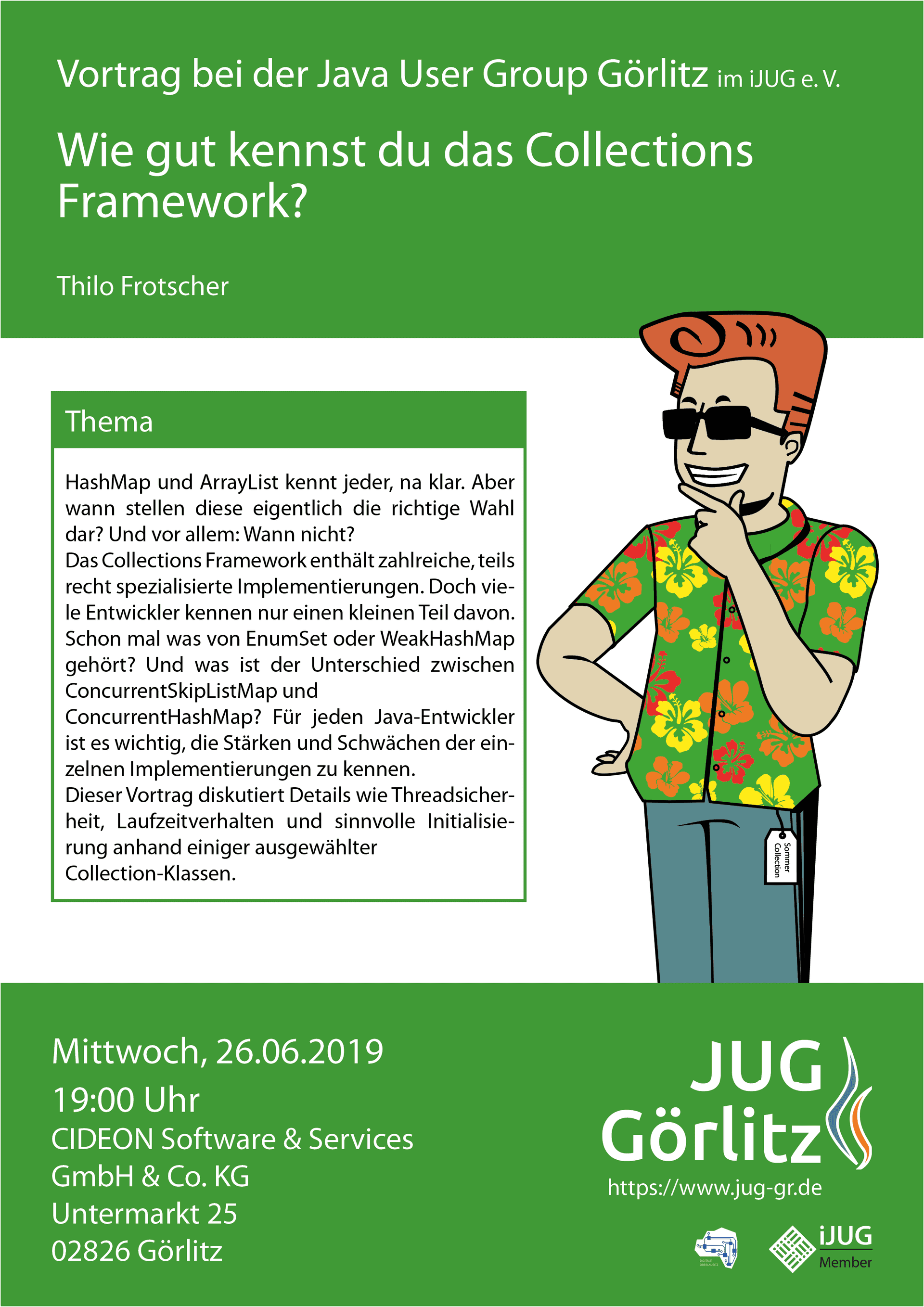 Poster: Jürgen trägt eine Sonnenbrille und ein buntes Hemd mit Blumen darauf. Er hält sich die Hand ans Kinn und grinst, so als würde er gerade einen Plan schmieden. An seinem Hemd hängt ein Schild mit der Aufschrift 'Sommer Collection'.