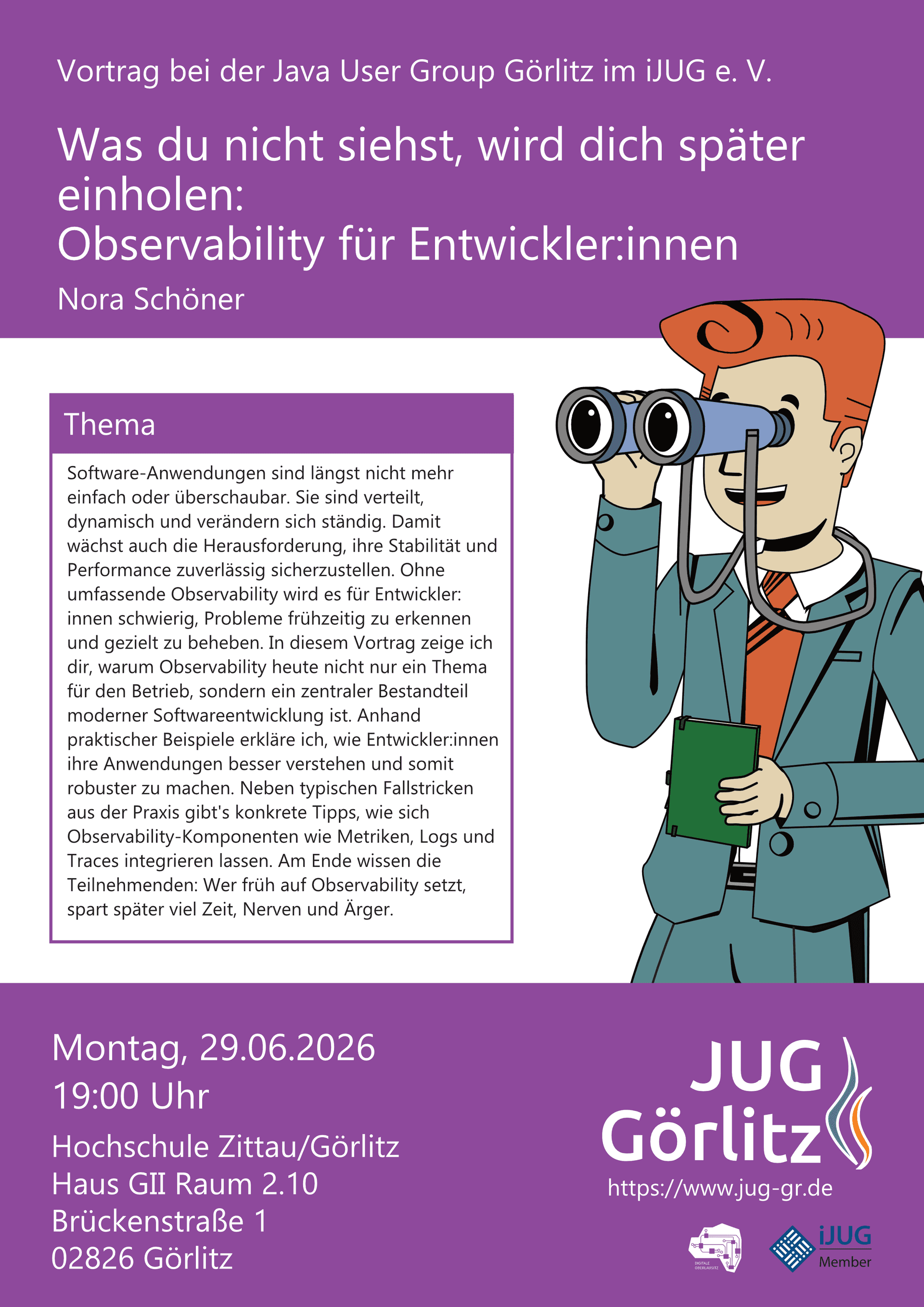 Poster: Jürgen hält ein Notizbuch in der einen Hand und ein Fernglas in der anderen Hand vor dem Gesicht. Er schaut durch das Fernglas. Poster: Jürgen hält ein Notizbuch in der einen Hand und ein Fernglas in der anderen Hand vor dem Gesicht. Er schaut durch das Fernglas.