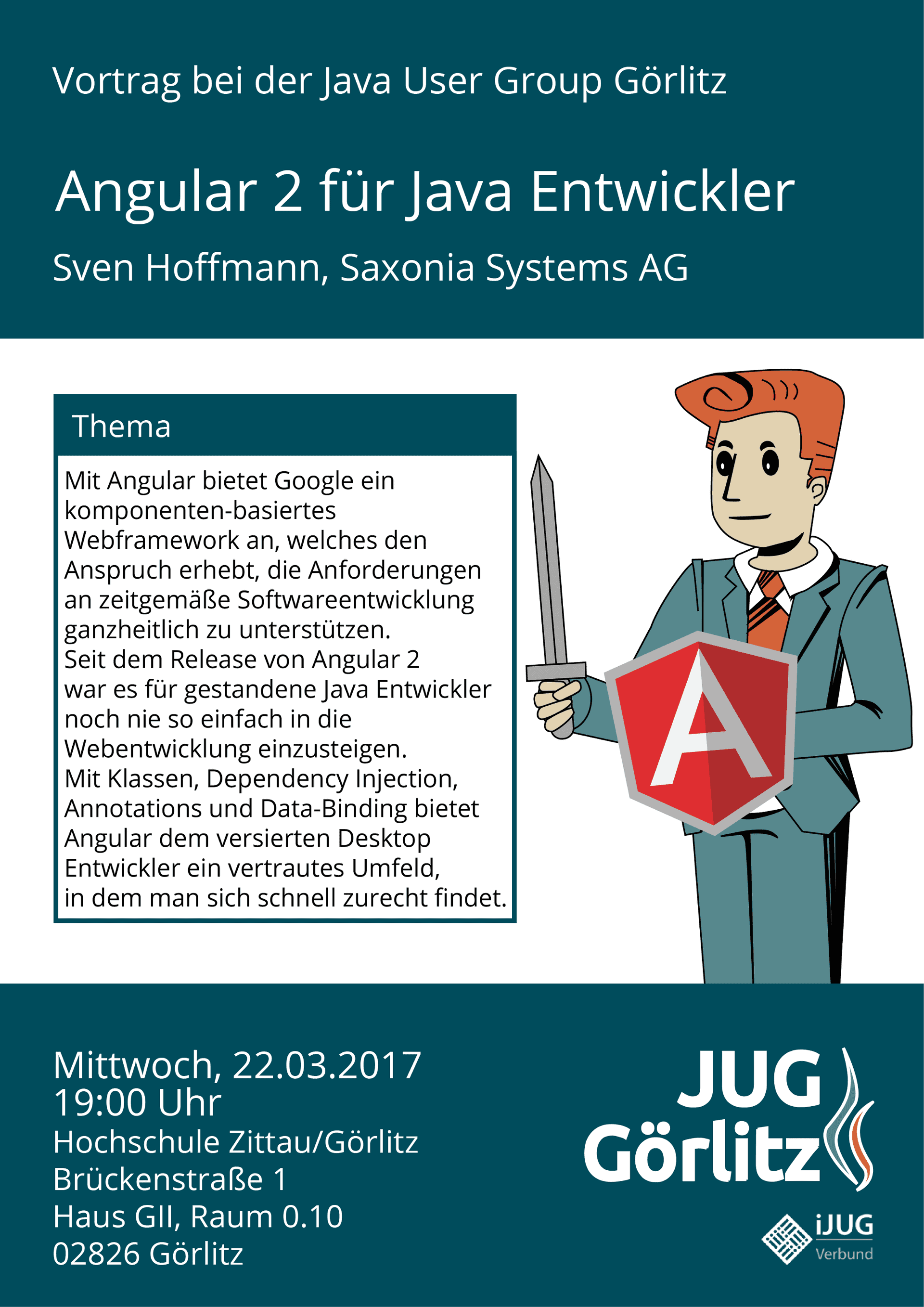 Poster: Jürgen schaut ernst. Er trägt ein Schwert in der Hand und ein Schild mit dem einem großen A darauf. Das Schild ist eine Referenz auf das Angular-Logo, welches ebenfalls wie ein Schild aussieht.