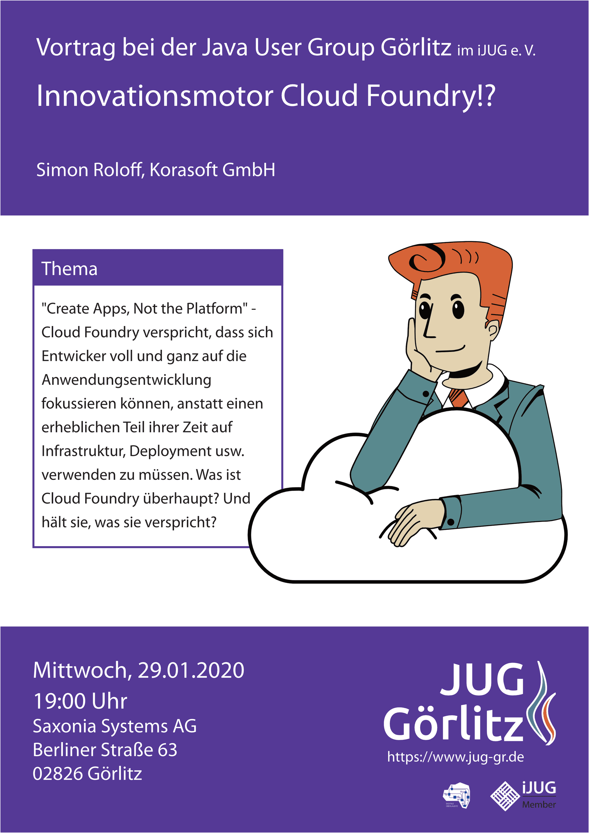 Wir sehen das typische Cloud-Symbol einer Wolke im Vordergrund. Jürgen stützt sich auf die Wolke, so als wäre es ein Kopfkissen. Er stützt seinen Kopf mit einem Arm ab und schaut ein bisschen verträumt. Er wirkt wie in Gedanken versunken.