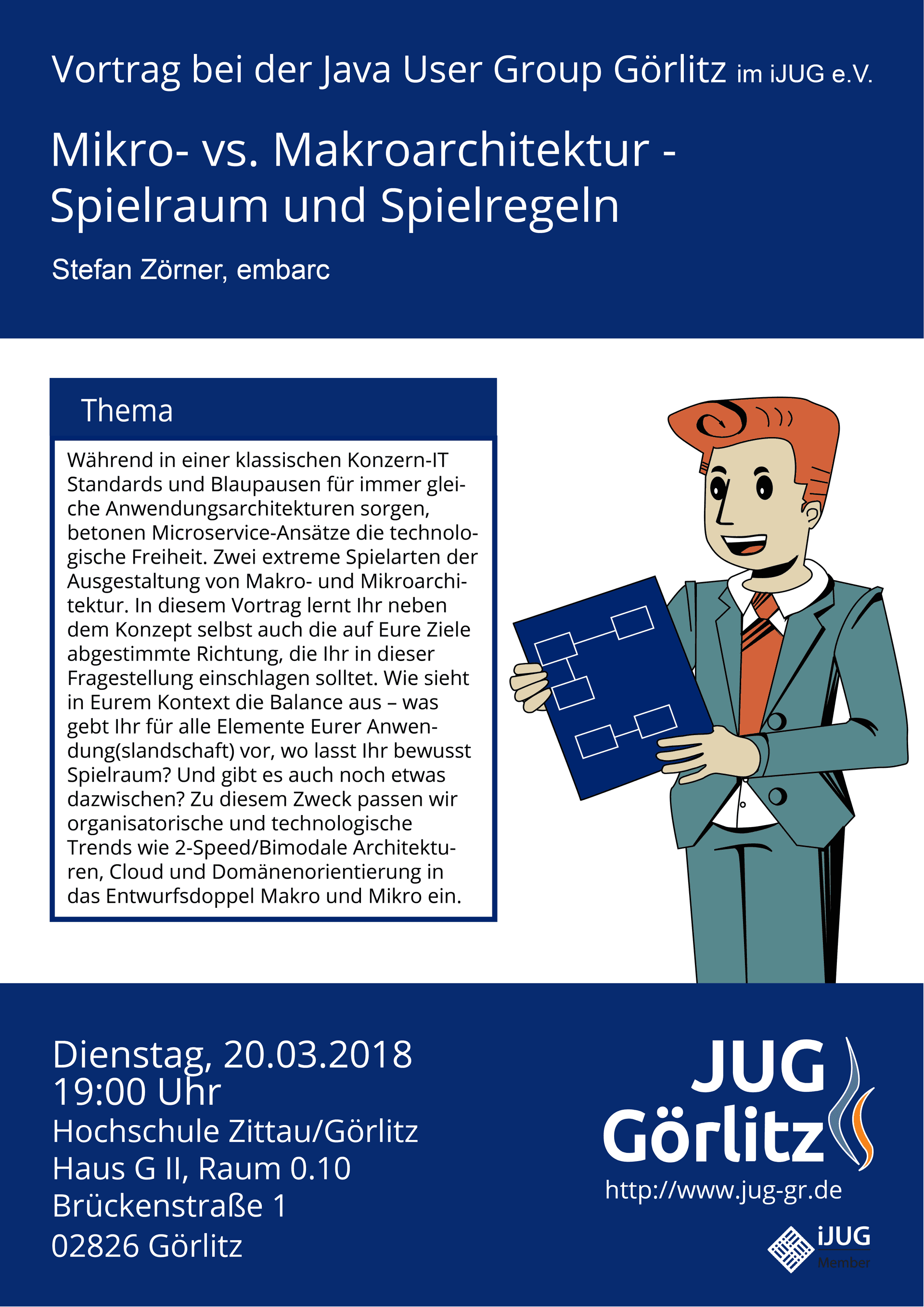 Poster: Jürgen freut sich und hält einen Bauplan in der Hand.