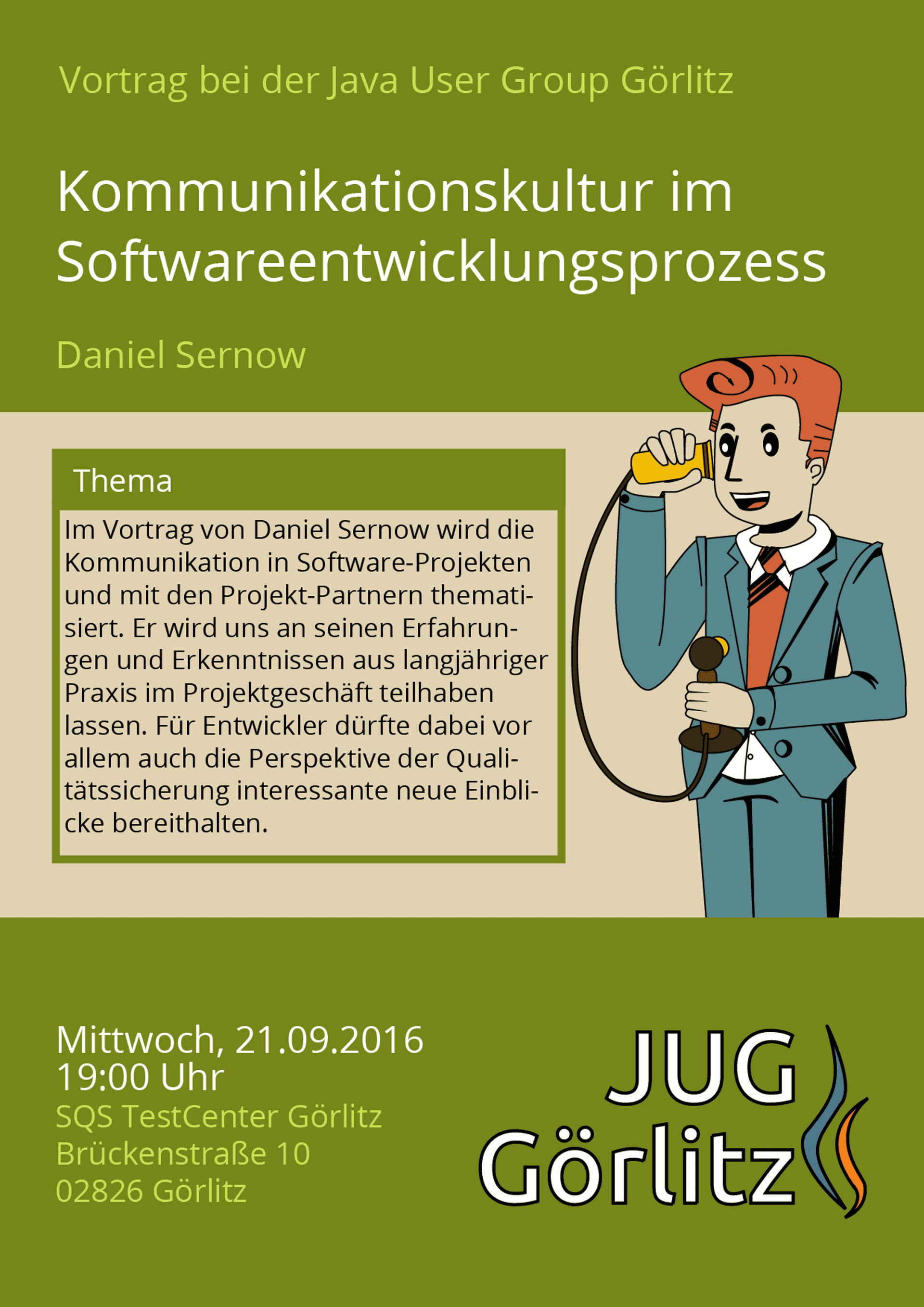 Poster: Jürgen benutzt ein uraltes Telefon mit separatem Hörer und Mikrofon. Er hält sich den kabelgebundenen Hörer ans Ohr und hält das Mikrofon vor sich in der Hand