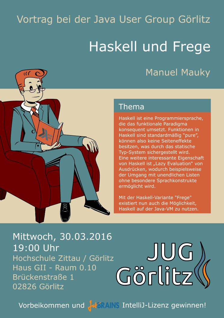 Poster: Jürgen sitzt auf einem Sessel und liest ein Buch. Er trägt eine Lese-Brille und schaut konzentriert aus. Auf dem Buch ist das Haskell-Logo, ein Lambda-Symbol, zusehen