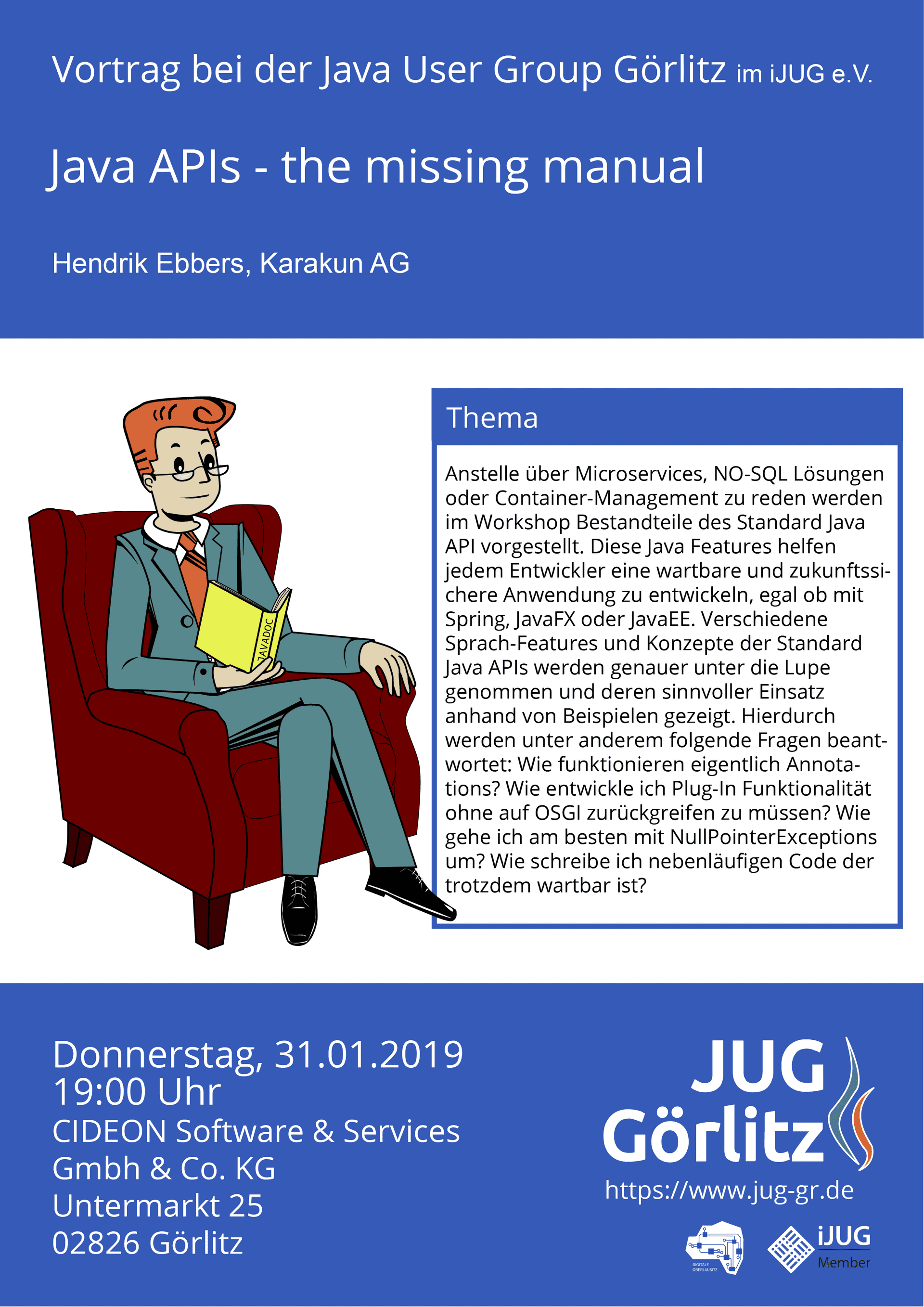 Poster: Jürgen sitzt mit seiner Lesebrille in seinem Sessel und liest ein Buch. Auf dem Buchrücken steht 'Javadoc'