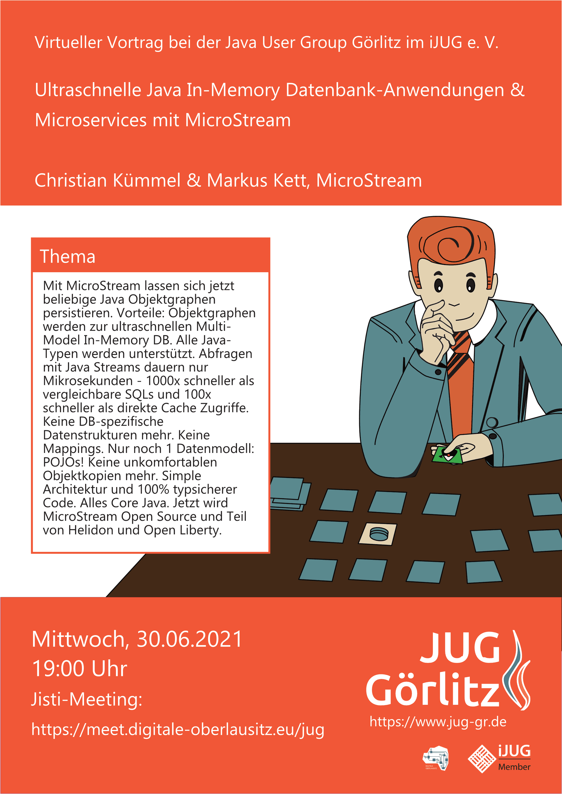 Poster: Jürgen sitzt am Tisch und �überlegt. Er spielt Memory und hat gerade eine aufgedeckte Memory-Karte mit dem Java-Duke darauf in der Hand. Auf dem Tisch sind die anderen Karten zugedeckt, bis auf eine offene Karte. Auf dieser ist ein Datenbank-Symbol zu sehen.