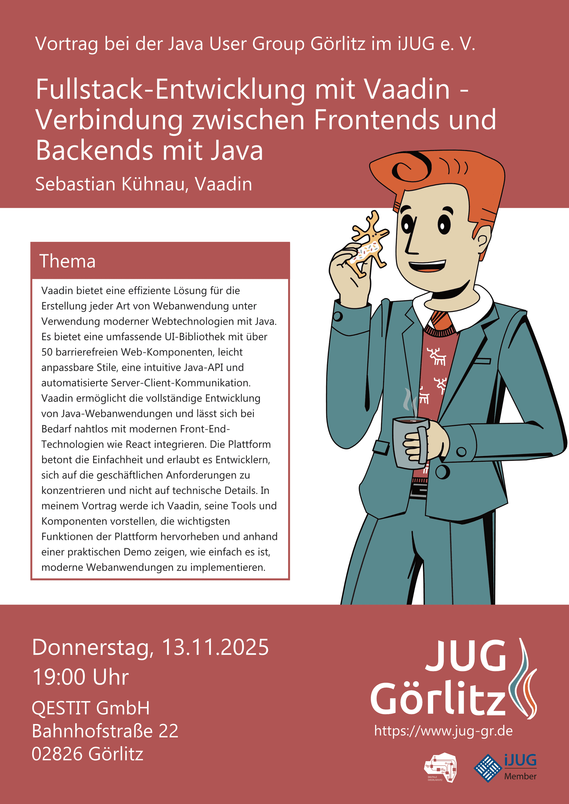 Poster: Jürgen hat einen Weihnachtspulli an, eine Tasse in der einen Hand und einen Keks der aussieht wie ein Rentier in der anderen Hand.