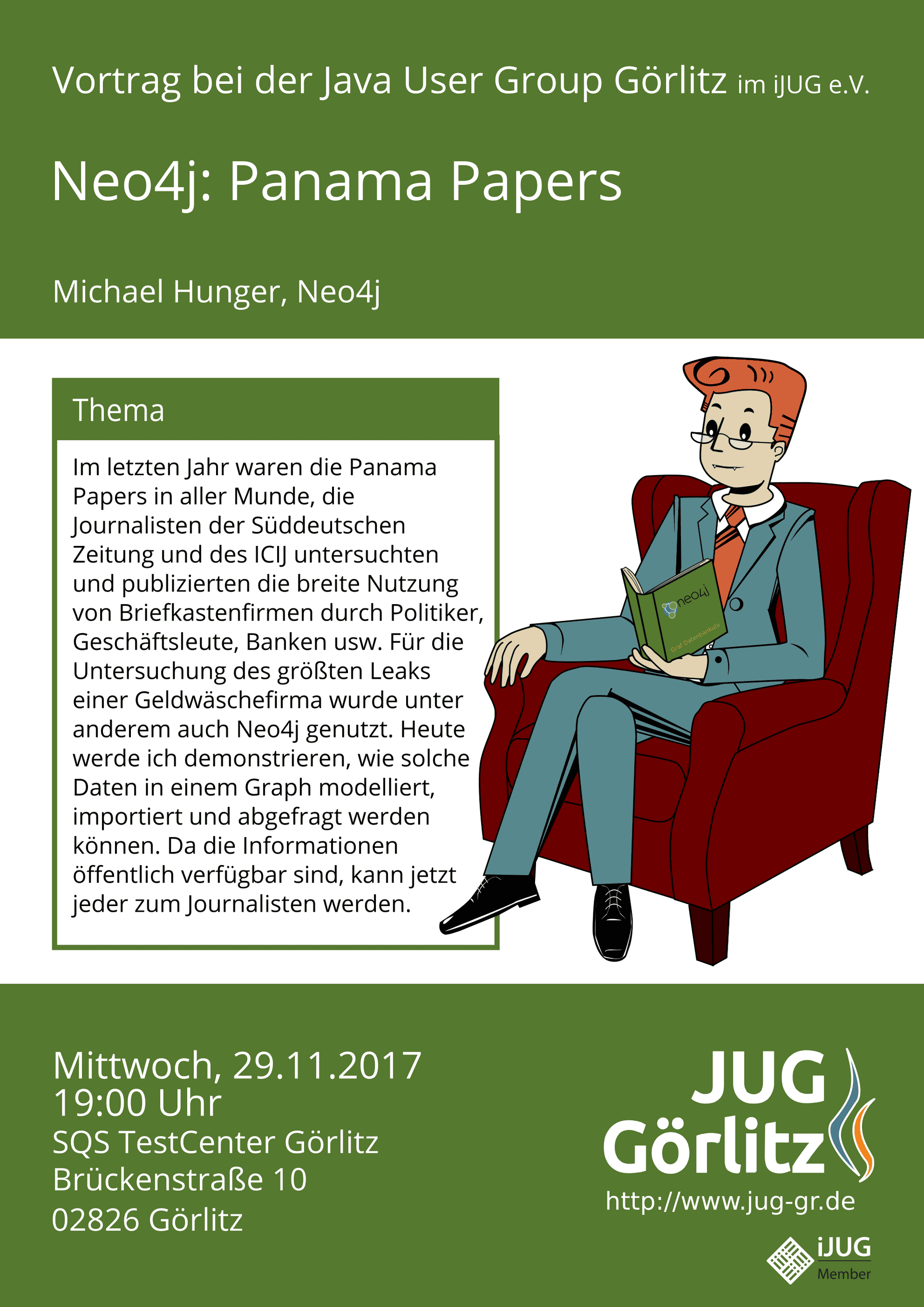 Poster: Jürgen sitzt im Sessel mit seiner Lesebrille und liest ein Buch. Auf dem Buch ist der Neo4J-Schriftzug zu lesen und darunter der Titel 'Graf Datenbankula' als Anspielung auf Graf Drakula. Entsprechend sieht man bei Jurgen spitze Schneidezähne, wie bei einem Vampir.