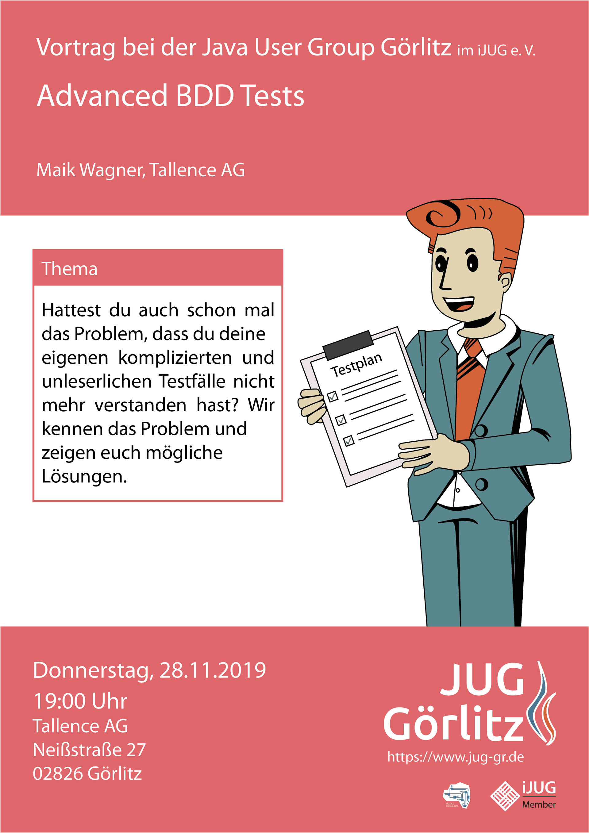 Poster: Jürgen hält ein Klemmbrett in der Hand, auf dem ein Blatt Papier zusehen ist. Auf dem Blatt steht 'Testplan' oben und darunter sind drei Checkboxen mit angedeuteten Textzeilen daneben.