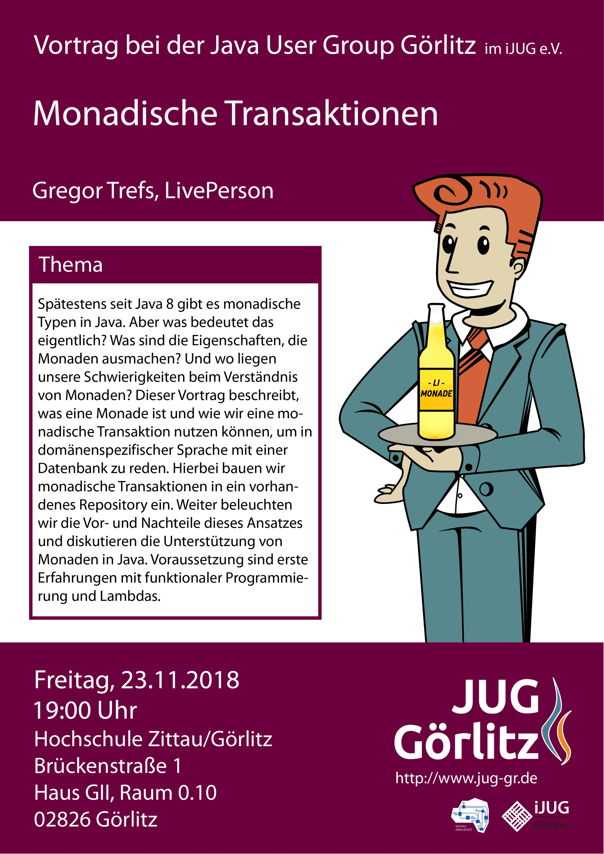 Poster: Jürgen grinst und hält ein Tablett in der Hand. Auf dem Tablett steht eine durchsichtige Flasche mit gelber Limo darin. Auf dem Etikett steht 'Li-Monade' geschrieben.