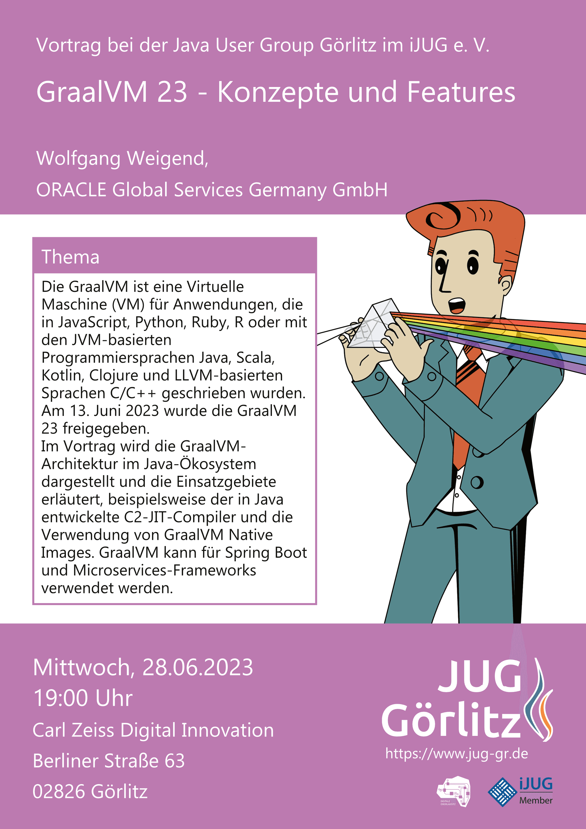 Poster: Jürgen hat ein Prisma in der Hand aus dem ein regenbogenfarbener Lichtstrahl ausdringt. Er schaut erstaunt auf das Prisma.