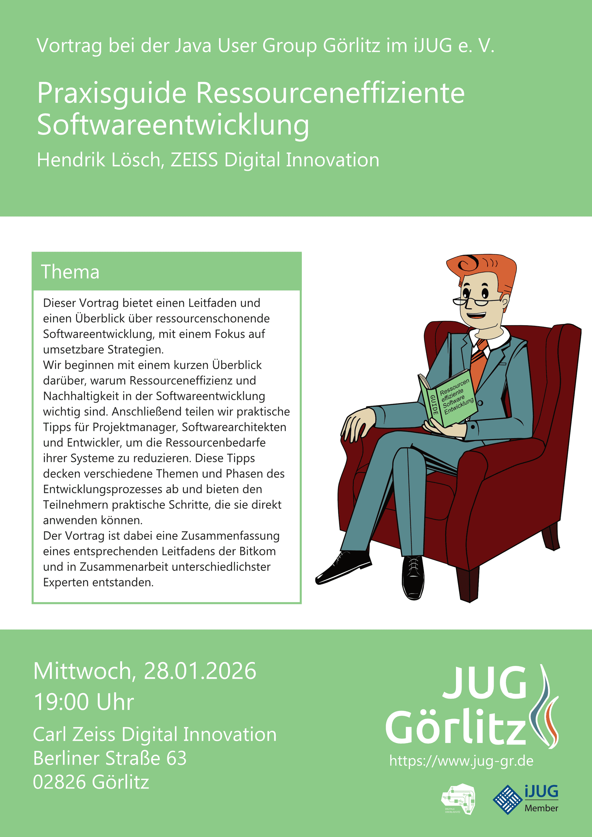 Poster: Jürgen sitzt auf einem Ohrensessel und liest ein Buch namens Ressourceneffiziente Softwareentwicklung