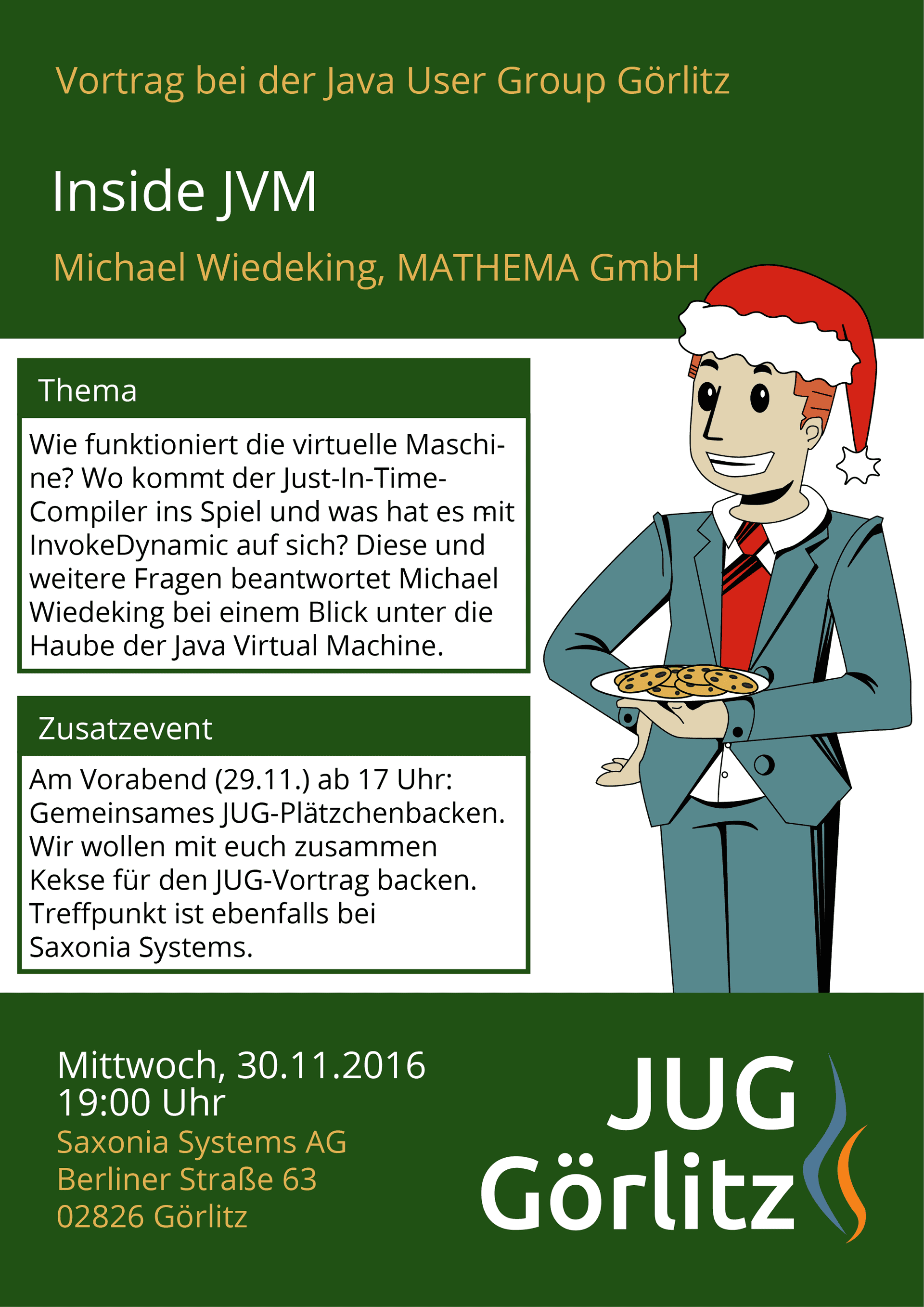 Poster: Jürgen grinst und trägt eine Weihnachtsmütze zu seinem üblichen Anzug. Er hält einen Teller mit Keksen vor sich.